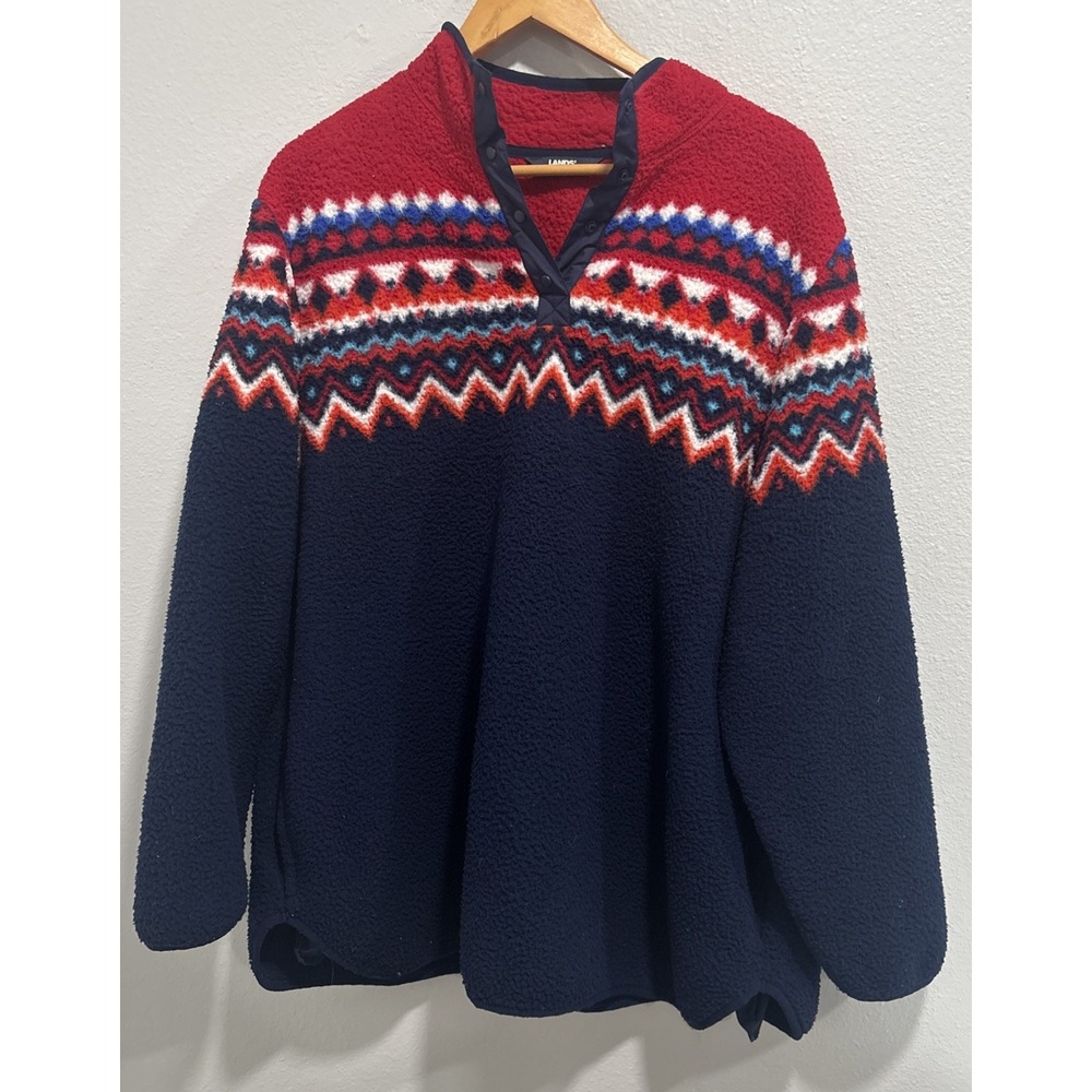 Lands End Fleece Pullover Women's 3XL Blue Red White Fair Aisle Snap Neck Winter